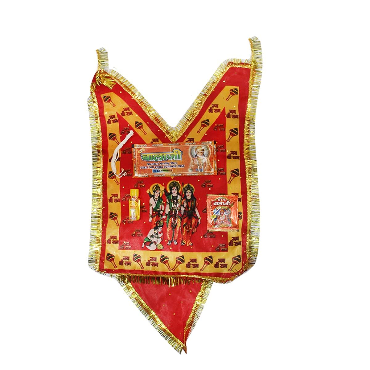 My God Gift Hanuman Chola with Silver Bark Sindoor,Janau, Chameli Oil, for Home/Temple/Festive Occassions, Hanuman Chola (Red with yellow border)