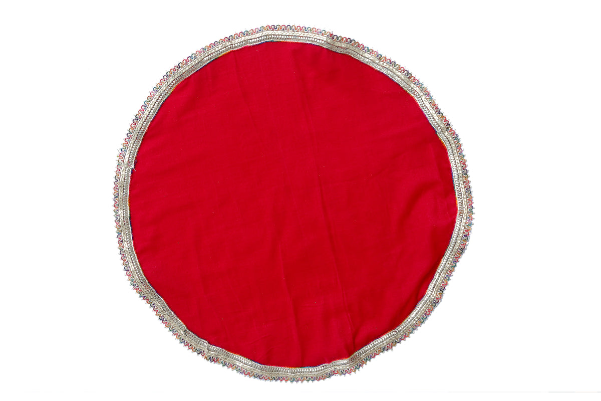 MY GOD GIFT Round Velvet THAALPOSH/Puja aasan for God Mandir/Prasad Thali Cover with MULTI LASE Work for Diwali, Navratri, karwa chauth and Various Puja Rituals 20 inches RED